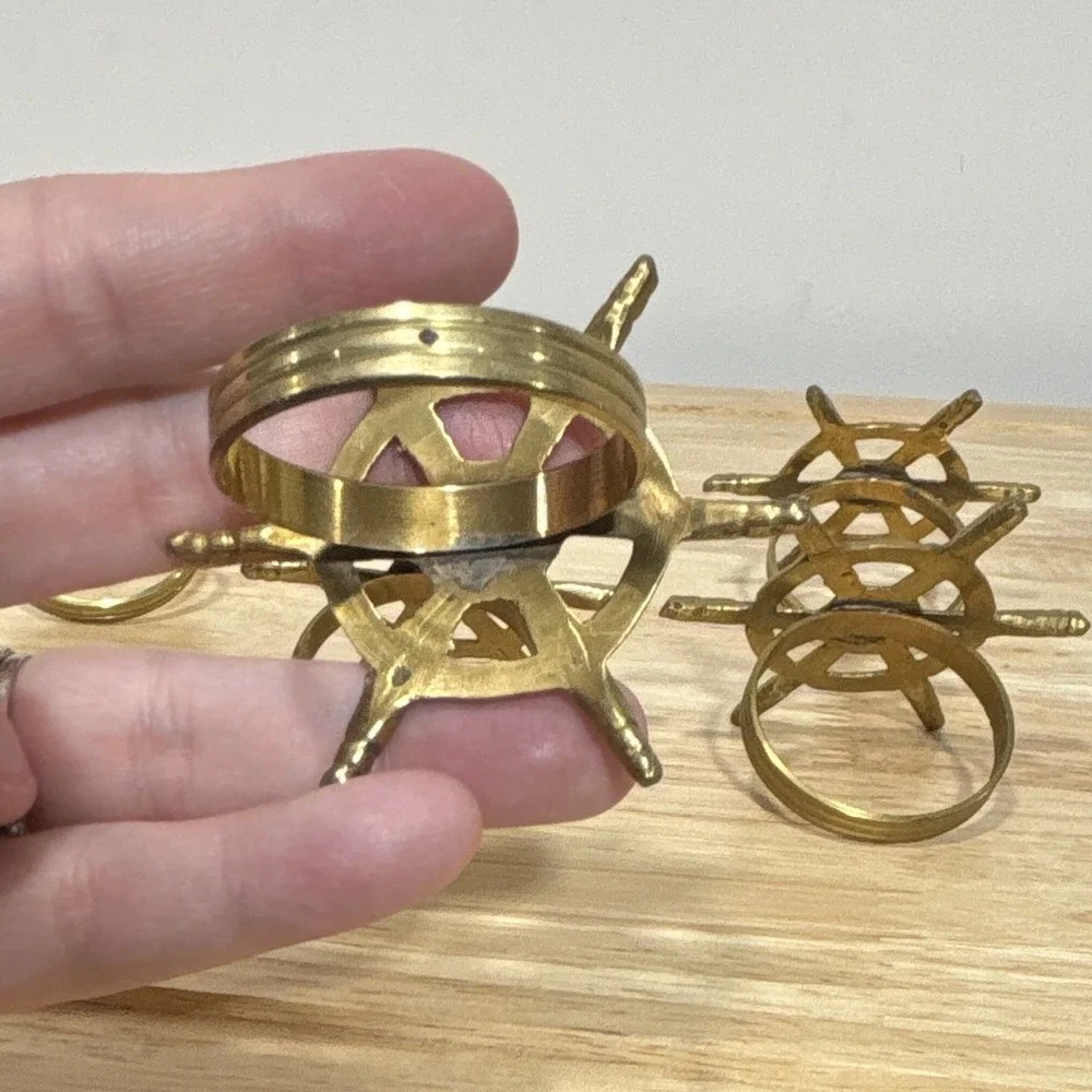 6 Brass Metal Ship Wheel Napkin Rings Nautical Decorative Table Decor Gold Tone